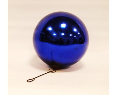 Kugel of Germany cobalt blue mercury glass ball light pendant with brass cap to the underside.
