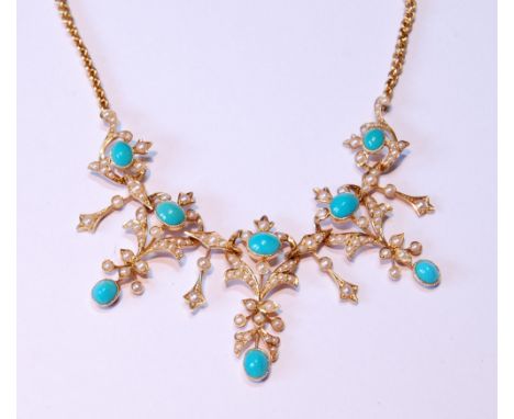 Victorian gold fringe necklace with light oval turquoises and half pearls, 15ct, 17.8g. 