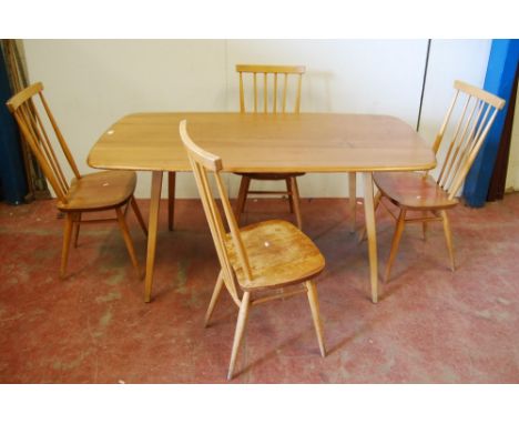 Blonde Ercol refectory-type table and four chairs, c. 1960s, the table on splayed supports, 71cm high, 153cm long and 74cm wi