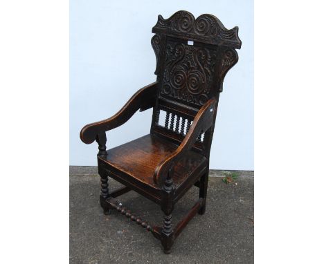 Charles II period oak Wainscot chair, probably South Yorkshire origin, early to mid 17th century, with scrolled top rail and 