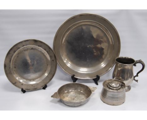 Group of 18th century and later pewter to include a twin-handled porringer, charger with touch marks verso, inkwell, plate an