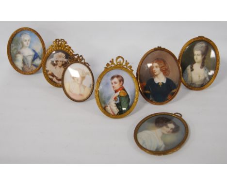 After Paul Delaroche (French, 1797 - 1896) Portrait miniature of Napoleon Bonaparte in a classic pose, 5cm x 6cm, and six oth