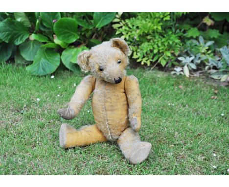 Miss Ethel a Chiltern type teddy bear 1930s,  with golden mohair, replaced clear and black glass eyes, pronounced muzzle, bla