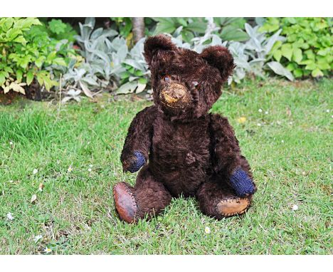 Mr Smiles a Chad Valley Smiler teddy bear 1920s, with rare brown mohair, orange and black glass eyes, pronounced clipped muzz