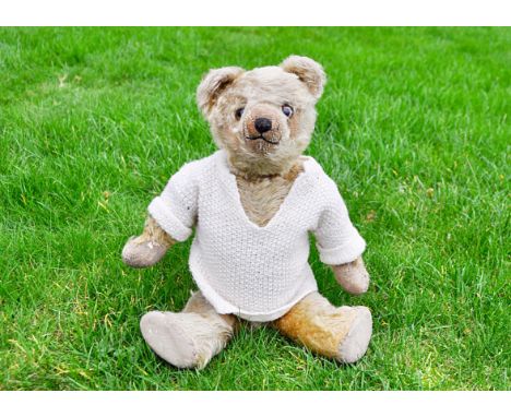 Snoopy a British teddy bear 1920s, possibly Teddy Toy Company with golden mohair, clear and black glass eyes with brown paint