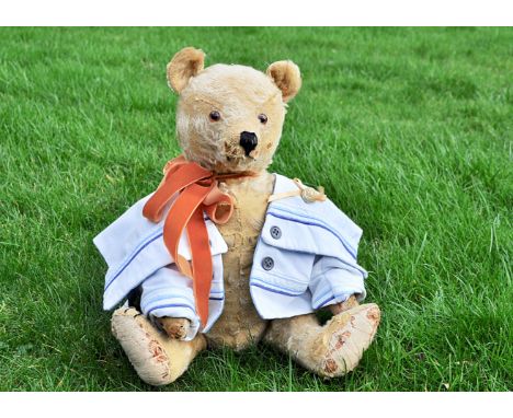 Kaptain Boot a 1950s Steiff teddy bear,  with golden mohair, brown backed glass eyes, pronounced muzzle, black stitched nose,