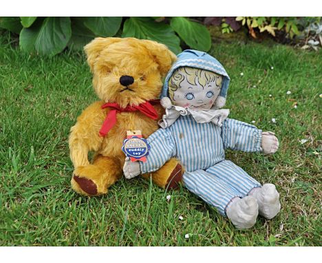 Andy and Teddy a Chad Valley teddy bear 1950s,  with golden mohair mixed plush, orange and black plastic eyes, black stitched