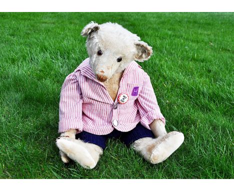 Penchant a 1920s Steiff teddy bear, with white mohair, pronounced muzzle, brown backed glass eyes, brown stitched nose and mo