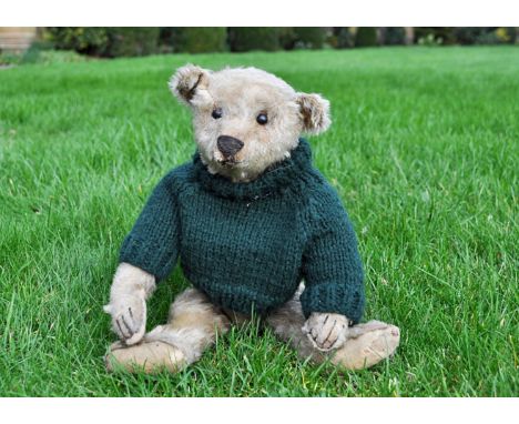 Whimsy an early Steiff teddy bear circa 1908,  with dark blonde mohair, black boot button eyes, pronounced clipped muzzle, bl