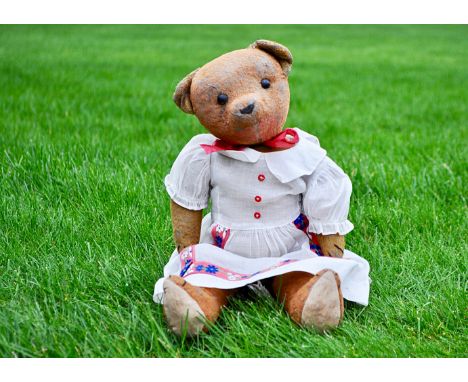 Helga a French teddy bear 1940s,  with brown and light brown artificial silk plush, black boot button eyes, pronounced muzzle