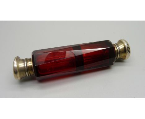 A ruby glass double scent bottle, (tops dented) 
