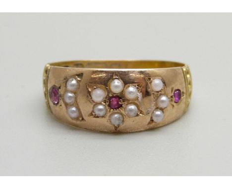 A Victorian 15ct gold, ruby and pearl ring, Chester 1891, 3g, K 