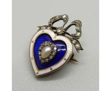 A late Georgian/early Victorian enamelled rose diamond and pearl set heart shaped brooch, (gold with silver settings, tested)