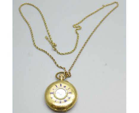 A 14ct gold half-hunter fob watch on a 9ct gold chain, chain 9.6g, (total weight with chain 40.3g, metal inner case), enamel 