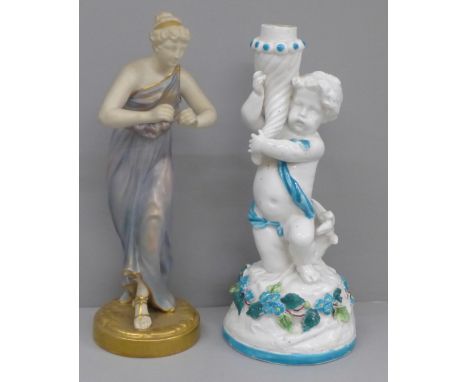 A Royal Worcester figure, 1828 mark to base, a/f and a porcelain cherub candlestick 