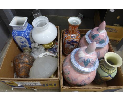 An oil lamp, shades and several oriental vases and jars **PLEASE NOTE THIS LOT IS NOT ELIGIBLE FOR POSTING AND PACKING** 