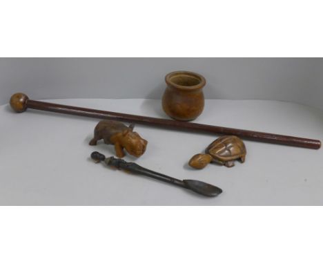 An African knobkerrie (fighting stick) and other carved wooden items 