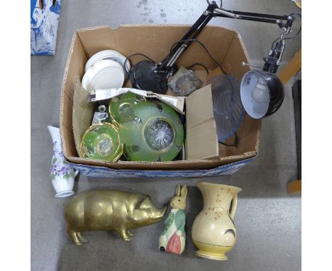 Assorted items; a brass pig, art-deco china a/f, an IKEA angle-poise desk lamp etc. **PLEASE NOTE THIS LOT IS NOT ELIGIBLE FO