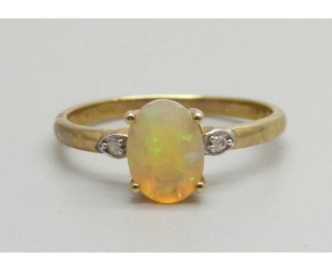 A 9ct gold and Ethiopian opal ring with diamond shoulders, 1.7g, P/Q 