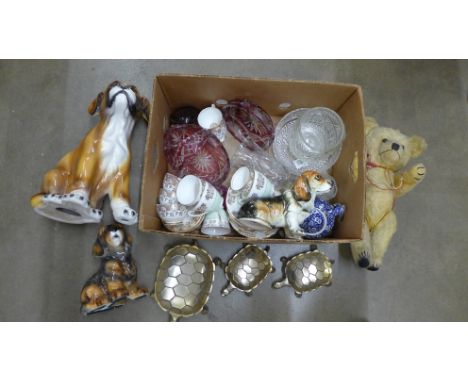 A Caithness paperweight, three models of dogs, a vintage Teddy bear, glassware, a tea set, etc. **PLEASE NOTE THIS LOT IS NOT