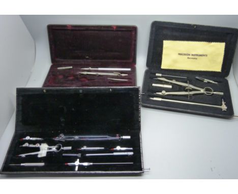 Three vintage precision drawing instruments, cased, (one part set) 