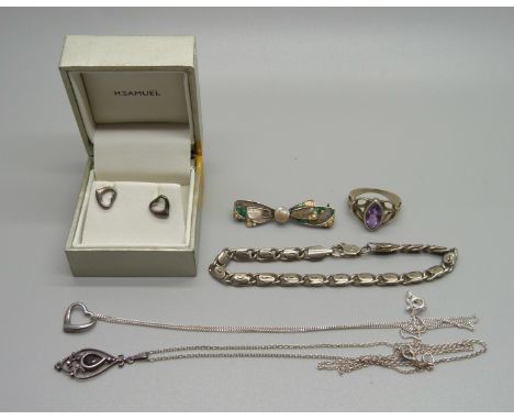 A collection of silver jewellery including a Charles Horner brooch, enamel a/f 