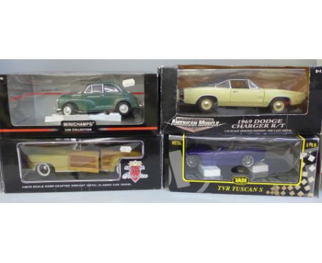 Four 1/18 scale model cars comprising Motor City Classics, Minichamps, Jadi and American Missile 