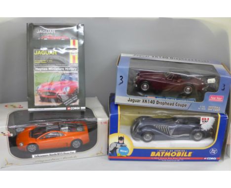 Four model cars including Corgi 1940's DC Comics Batmobile, Signature Models, Sun Star and Haynes Jaguar E-Type with miniatur