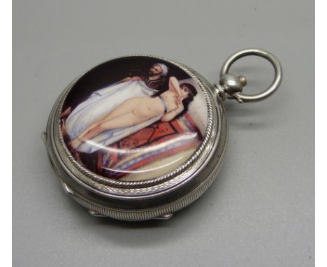 A silver cased pocket watch, the case with enamelled back with scene, the dial marked 'Acme Lever', the case with London impo