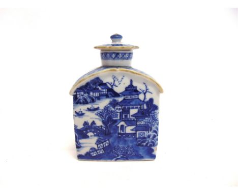 A CHINESE EXPORT TEA CADDY  decorated with figures in a coastal setting with buildings and boats 13cm high
