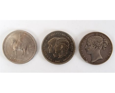 COINS - ASSORTED  including a Great Britain Victoria crown, 1847 (XI); and a Victoria one penny model, 1844, (box).