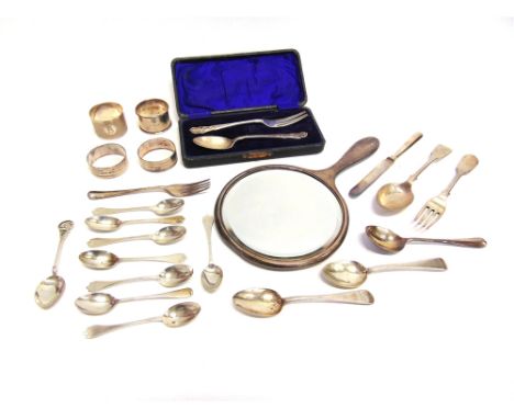 A PAIR OF SILVER NAPKIN RINGS  Birmingham 1919, with vacant round cartouche; two silver napkin rings; seventeen items of silv