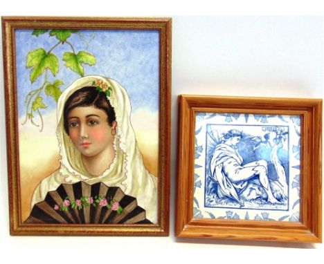 A PAINTED POTTERY PLAQUE  decorated with a young girl, 25cm x 35cm; together with a Wedgwood 'Oberon' tile, 20cm square