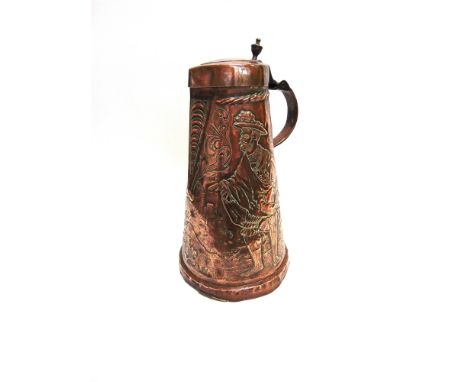 A LARGE COPPER LIDDED FLAGON/STICK STAND  with embossed and chased decoration of figures in a continental landscape scene, 51