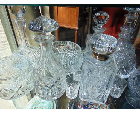 A GROUP OF ASSORTED GLASSWARE  including silver mounted decanter 23cm high, hallmarked London 1968, four further decanters, p