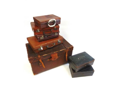 A GROUP OF ASSORTED VINTAGE CASES AND TRUNKS  including a large leather bound canvas trunk, pair of Morocco covered boxes, em