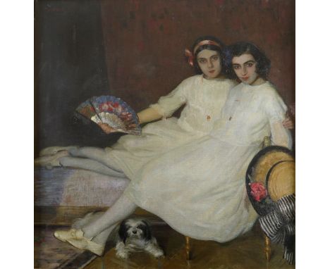 ‡Vicente Puig (Spanish 1882-1965) Portrait of two sisters and a dog in an interior Signed and dated V.PUIG/1913 (upper left) 