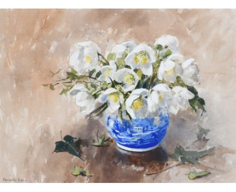 ‡Pamela Kay RWS, RBA, NEAC (b.1939) Christmas roses in a Spode jug Signed Pamela Kay (lower left) Watercolour and bodycolour 