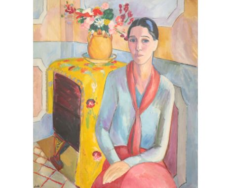 ‡Edward Wolfe RA (1897-1982) Portrait of a lady, seated in an interior, with a vase of flowers Signed Wolfe (lower left) Oil 