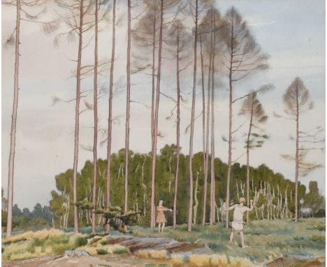 ‡Charles H. H. Burleigh (1875-1956) Landscape with children playing catch Signed C.H.H.Burleigh (lower left) Pencil and water
