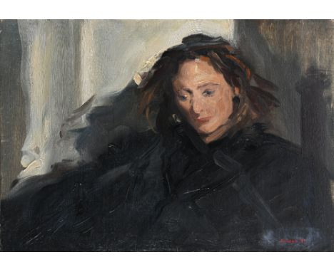 ‡Howard Morgan (1949-2020) Portrait of Rachel Haywood, in an interior, wearing black Signed and dated MORGAN 89 (lower right)