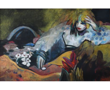 ‡Geoffrey Humphries (b.1945) Portrait of a woman reclining on a bed Signed Geoffrey (lower right) and signed, dated and inscr