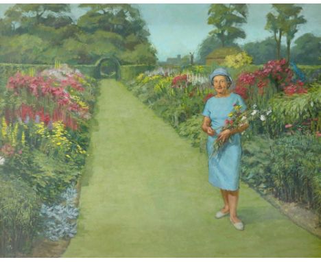 ‡Michael Noakes (1933-2018) Portrait of Lady Aisher, standing in the garden at Faygate, Surrey Signed and dated Michael Noake
