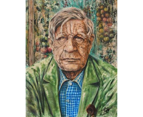 British School 1968 Portrait of W. H. Auden (1907-1973), wearing a blue check shirt and green jacket Signed with monogram (AL