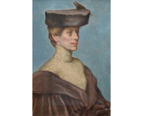 ‡Charles H. H. Burleigh (1875-1956) Portrait of Averil Burleigh (1883-1949), wearing a cream top, brown coat and feathered ha