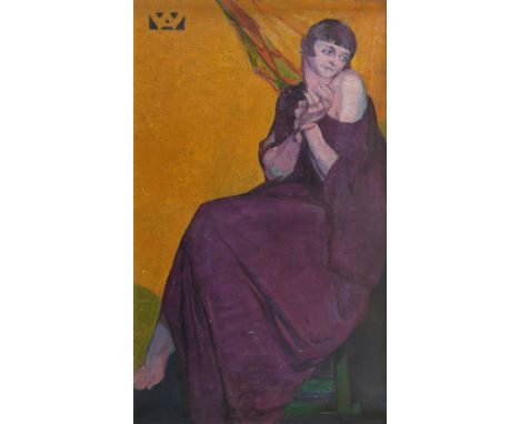 ‡Alfred Wolmark RA (1877-1961) Portrait of a lady, full-length, seated, wearing a purple dress Signed with monogram (upper le