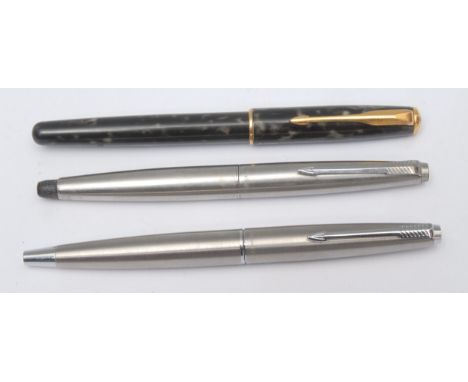Stationery &amp; Writing Equipment - a Parker brushed steel fountain pen, 14ct nib, push close cap, 13.5cm long; another simi