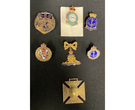 A Royal Artillery brass and enamel sweetheart pin badge, 3.5cm wide; a Queen Victoria 60th anniversary commemorative cross me