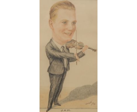 Schoff (German School, 20th century)Portrait of a Violinist, J.H.M.signed, dated 1929, titled, crayon on paper, 26cm x 14cm