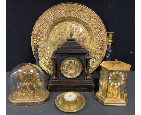 An early 20th century ebonised architectural mantel clock, Hamburg American Clock Co., 37cm high; a Kundo torsion clock, glas